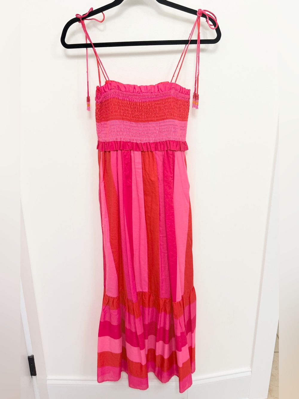 Striped Pink & Red Smocked Midi Dress with Adjustable Spaghetti Straps - Size XS